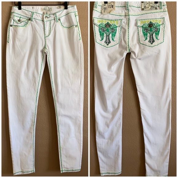 Raw Blue Denim - Raw Blue Jeans White Green Stitching NWOT Size 7/8